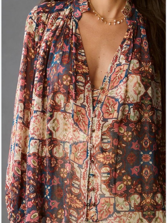 Anthropologie Tops - Anthropologie Estela Sheer Printed Blouse Medium Boho Rug Print Balloon Sleeve